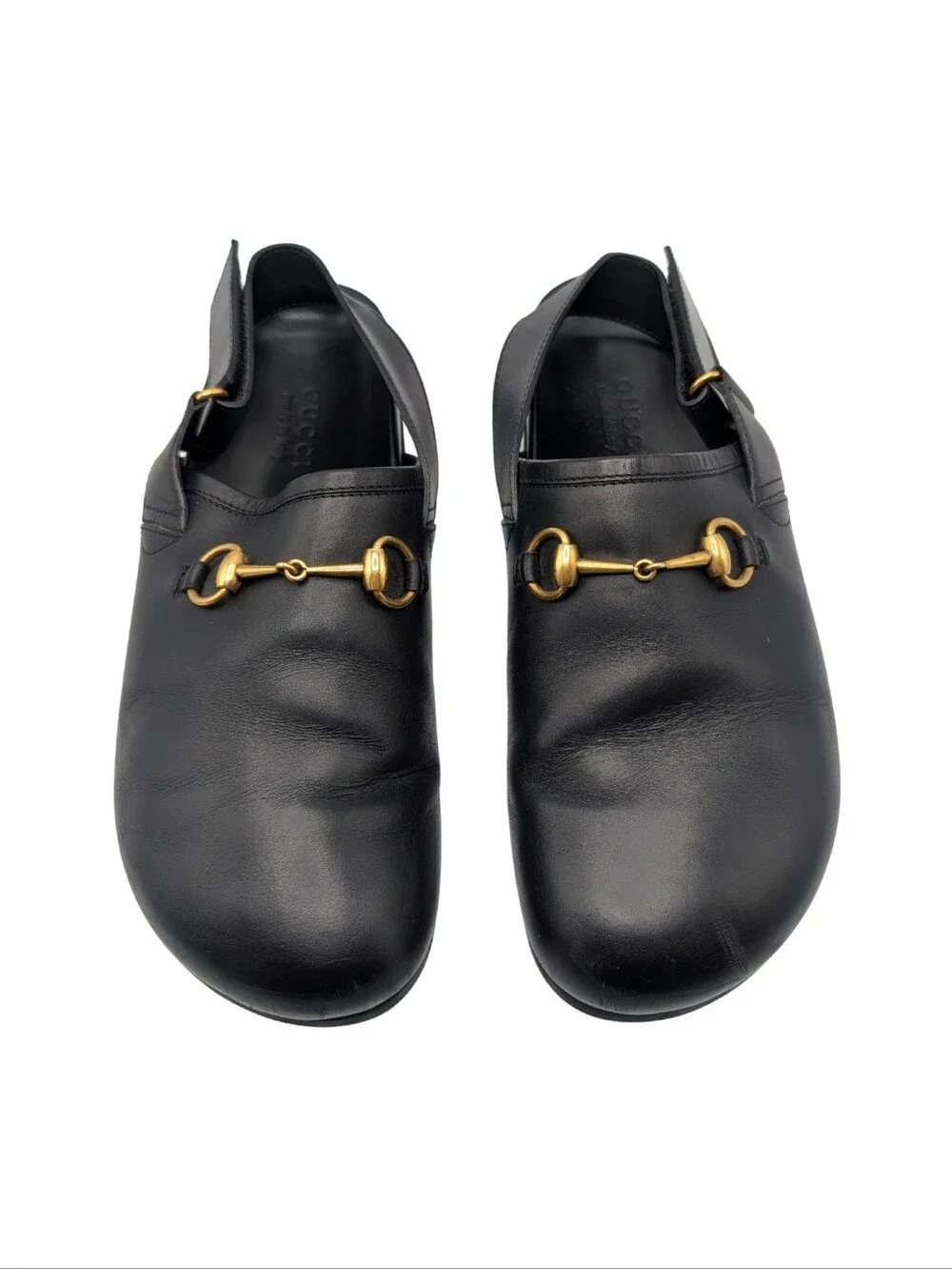 Gucci Black Leather River Horsebit Slingback Mules Men Size 10